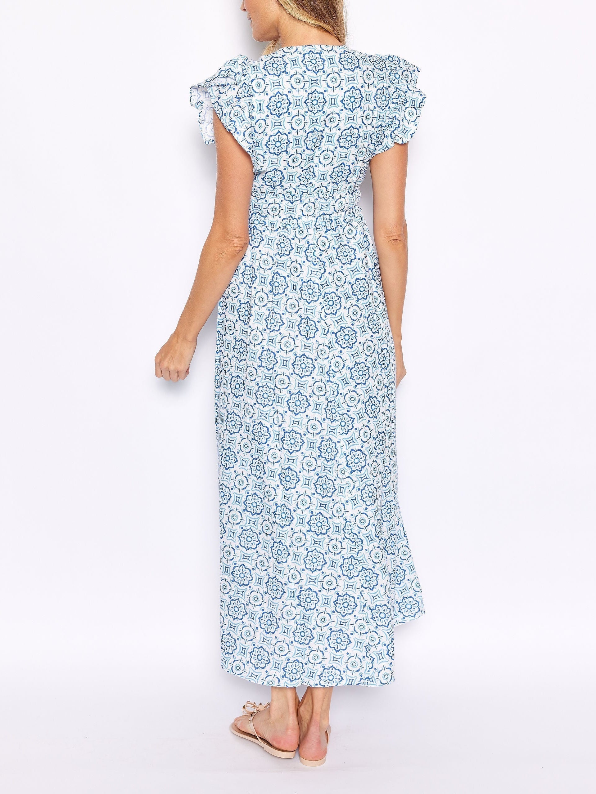 Philippa Blue Medallion V-Neck Flutter Sleeve Maxi Dress