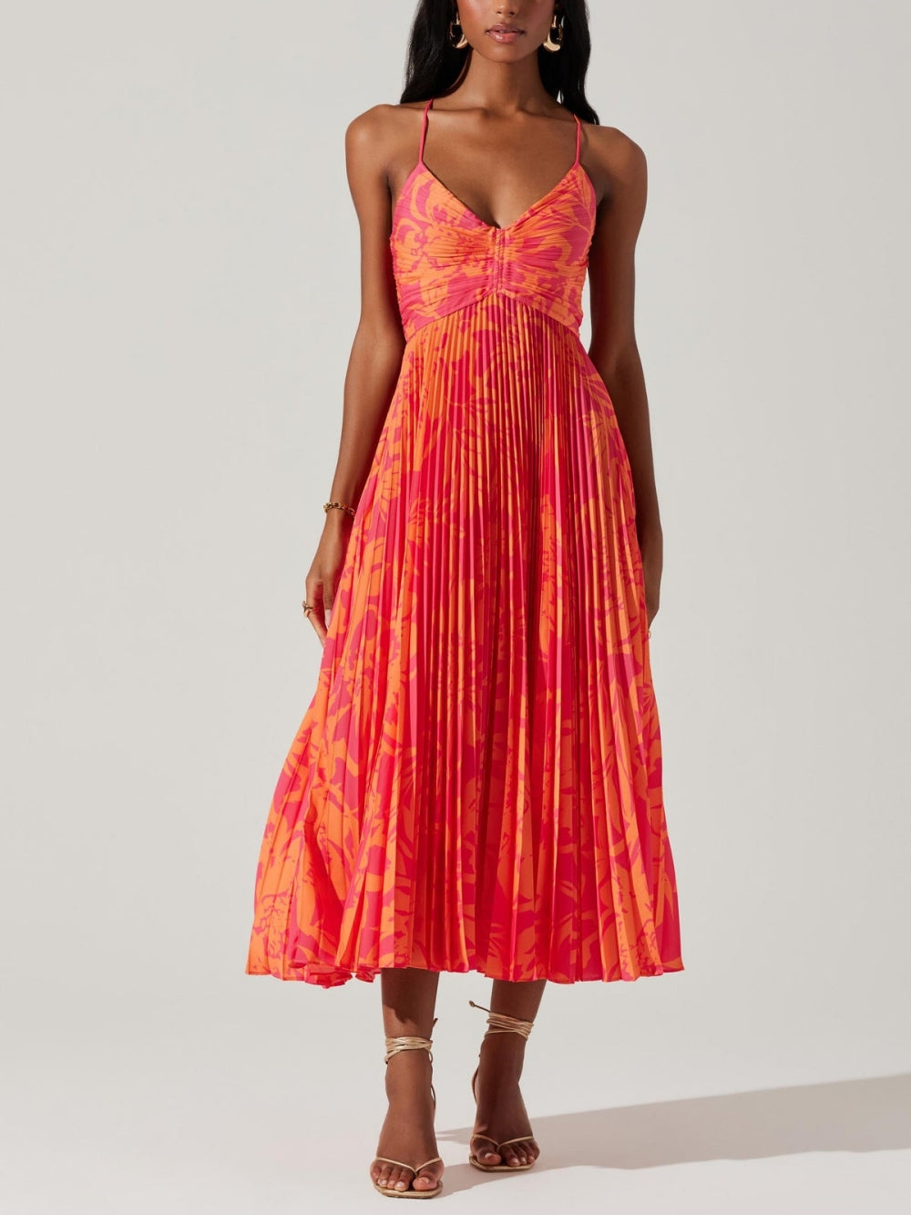 Bruna Floral Print Pleats Midi Dress