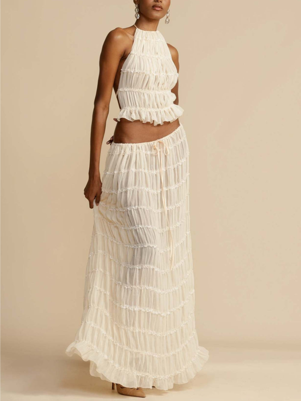 Ginevra Pleated Drawstring Charm Waist Tiered Maxi Skirt