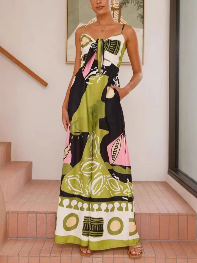 Allegra Painted Print Suspenders Wide-leg Jumpsuit