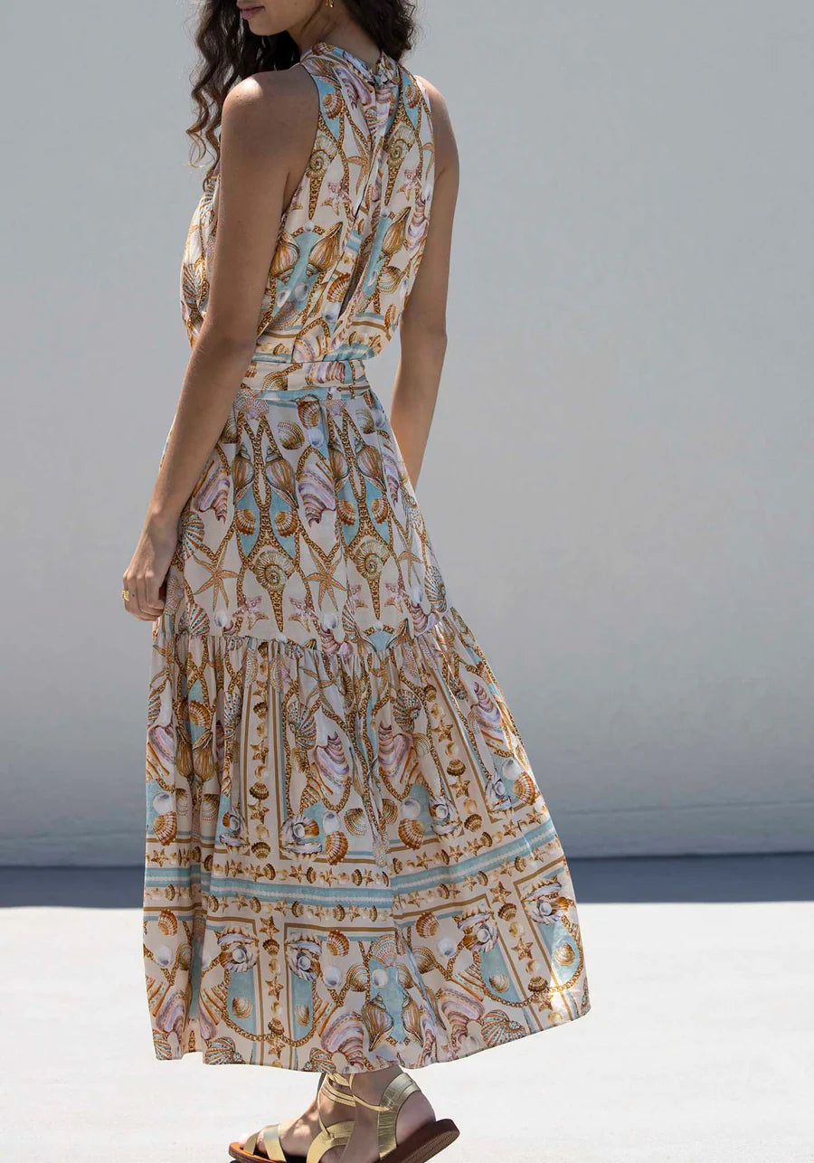 Sabine Satin Ocean Treasure Print Maxi Dress