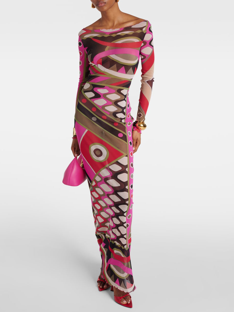 Stella Retro Personality Abstract Print Hip-Wrapped Maxi Dress