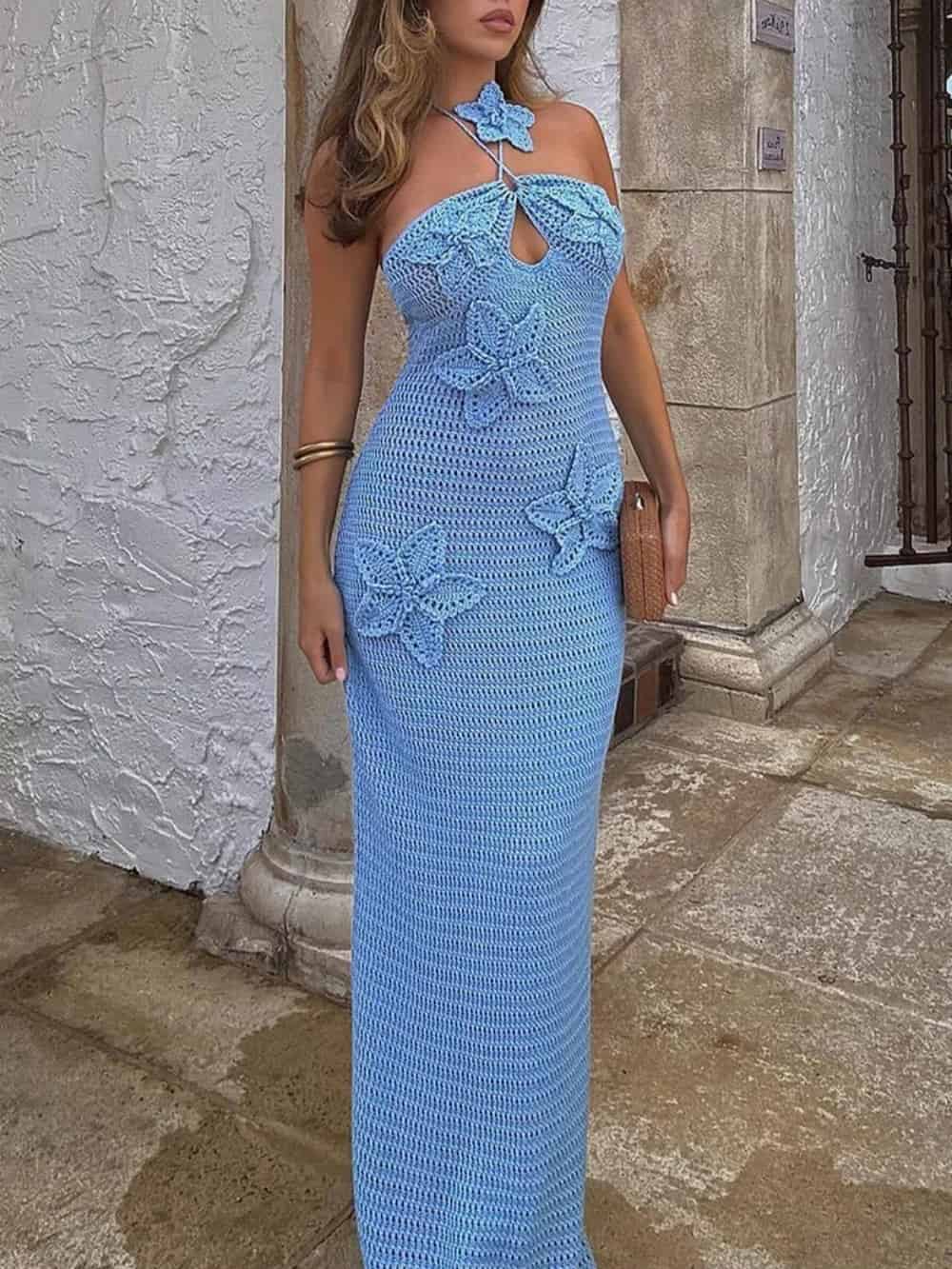 Estelle 3D Flower Decor Halter Neck Bodycon Crochet Maxi Dresses
