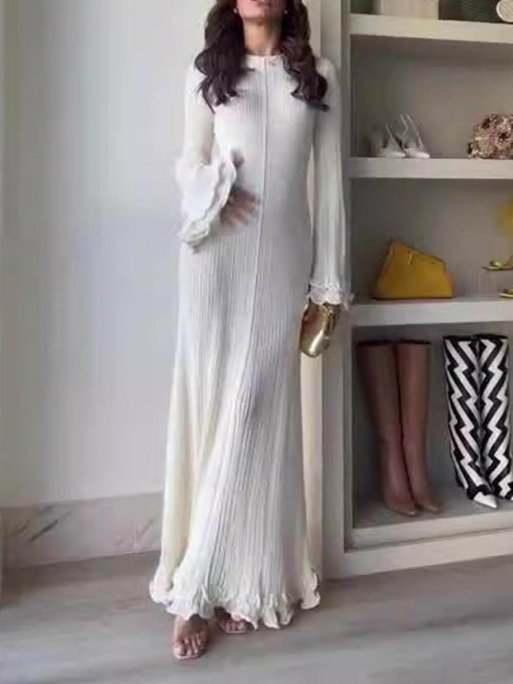 Ingrid Trumpet Sleeves Rolled Hem Knitted Round Neck Maxi Dress