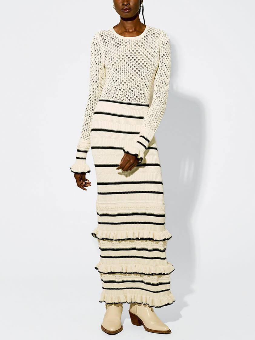 Cosima Knit Stripe Ruffle Long Sleeve Maxi Dress