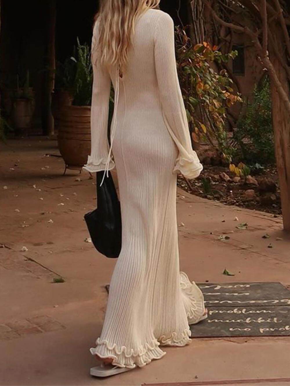 Ingrid Trumpet Sleeves Rolled Hem Knitted Round Neck Maxi Dress