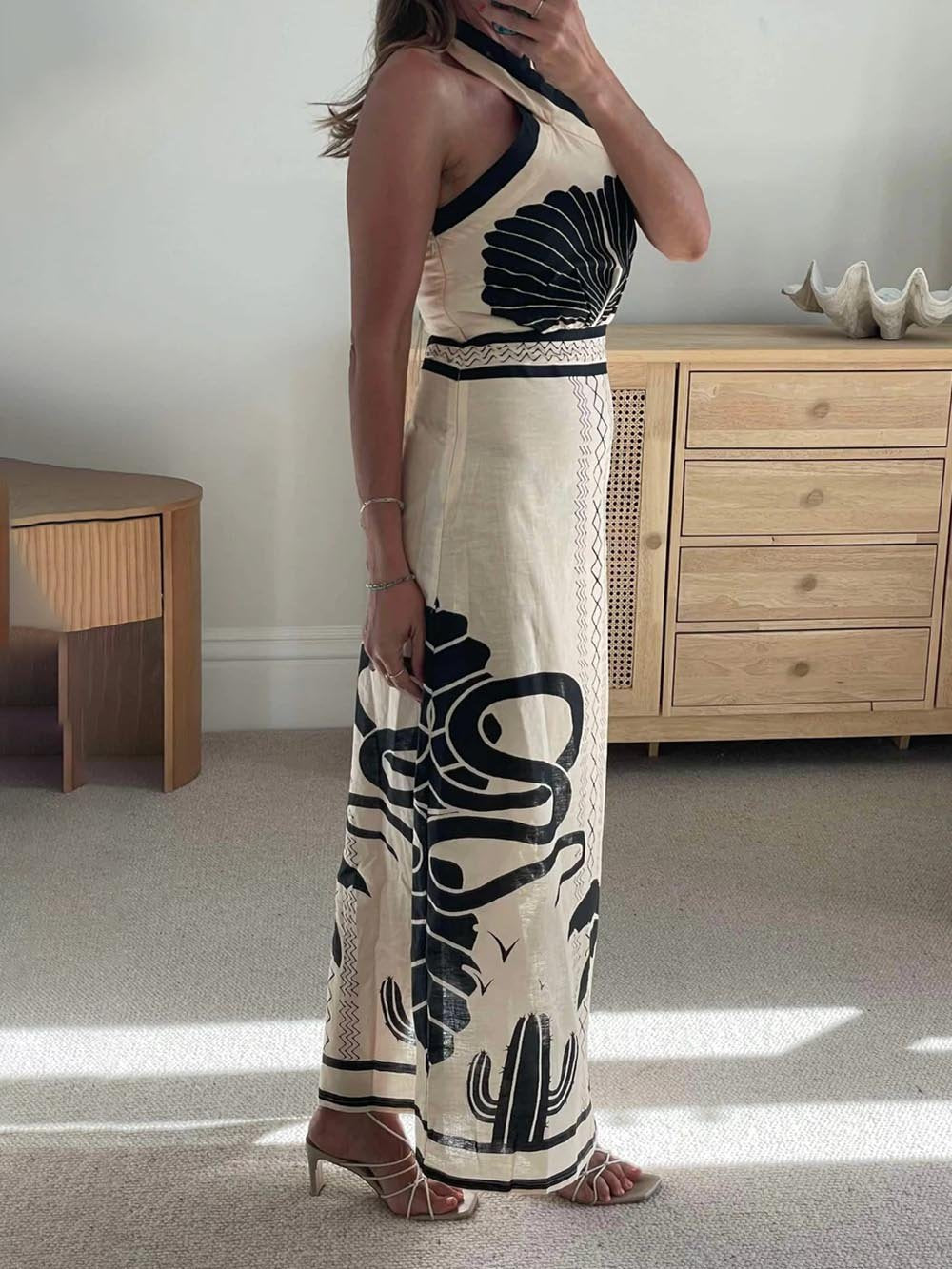 Chiara And Sexy Ethnic Print Slim-Fit Halter Neck Maxi Dress