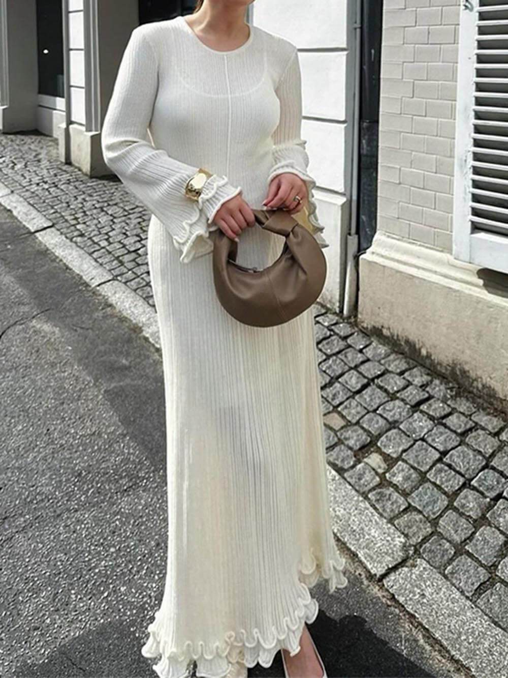 Ingrid Trumpet Sleeves Rolled Hem Knitted Round Neck Maxi Dress