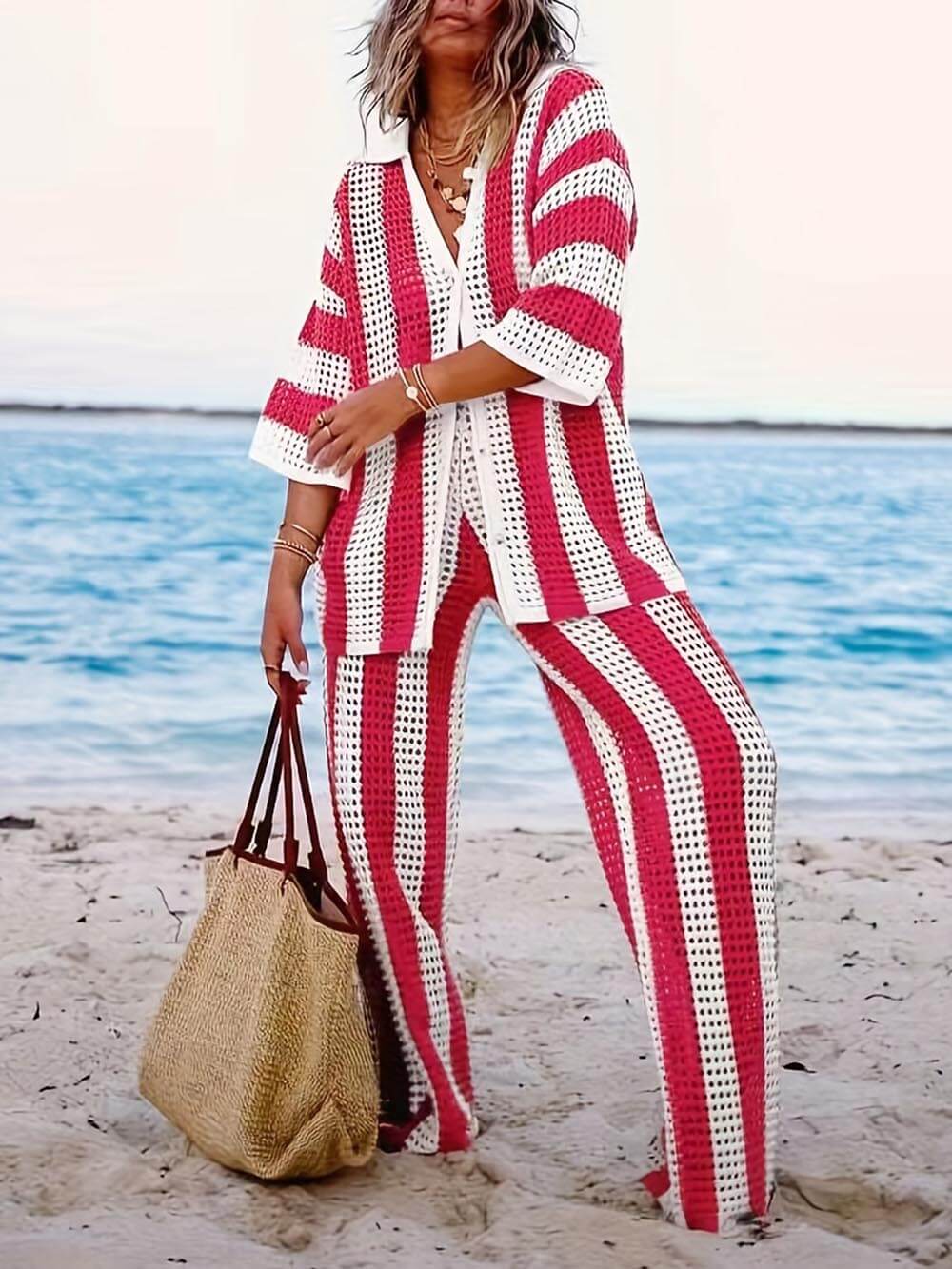 Verity Loose V-Neck Fashion Hollow Out Striped Shirt Wide Leg