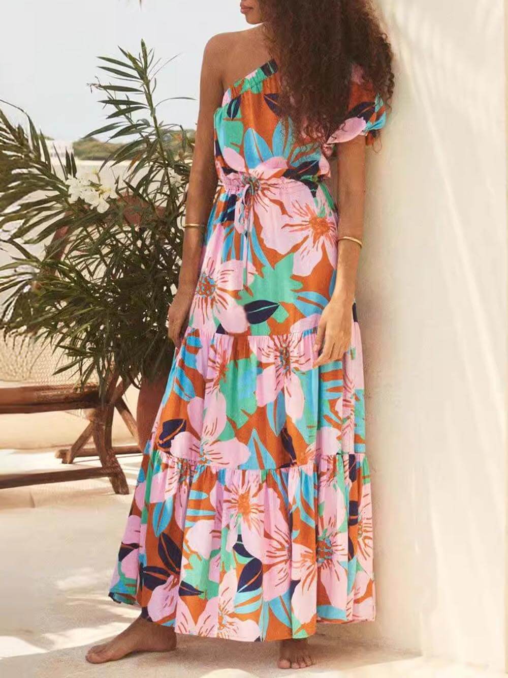 Rosabel Shoulder Palm Leaf Print Holiday Style Floral Dress