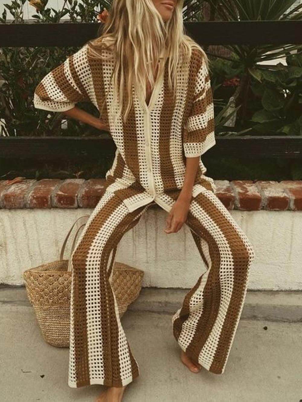 Verity Loose V-Neck Fashion Hollow Out Striped Shirt Wide Leg