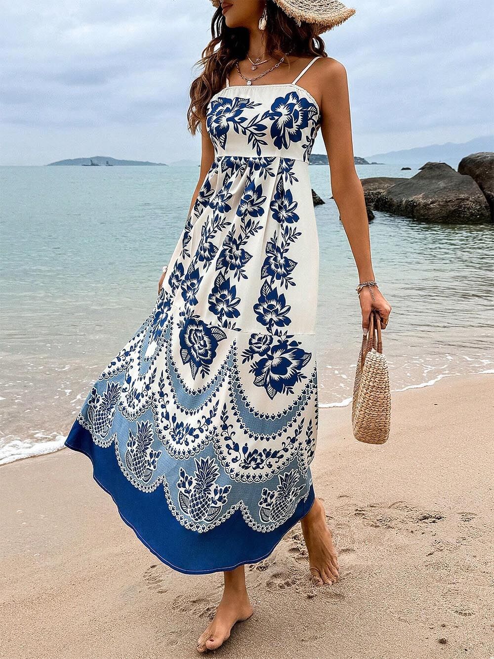 Solene Ethnic Floral Print Back Smocked Loose Midi Dress
