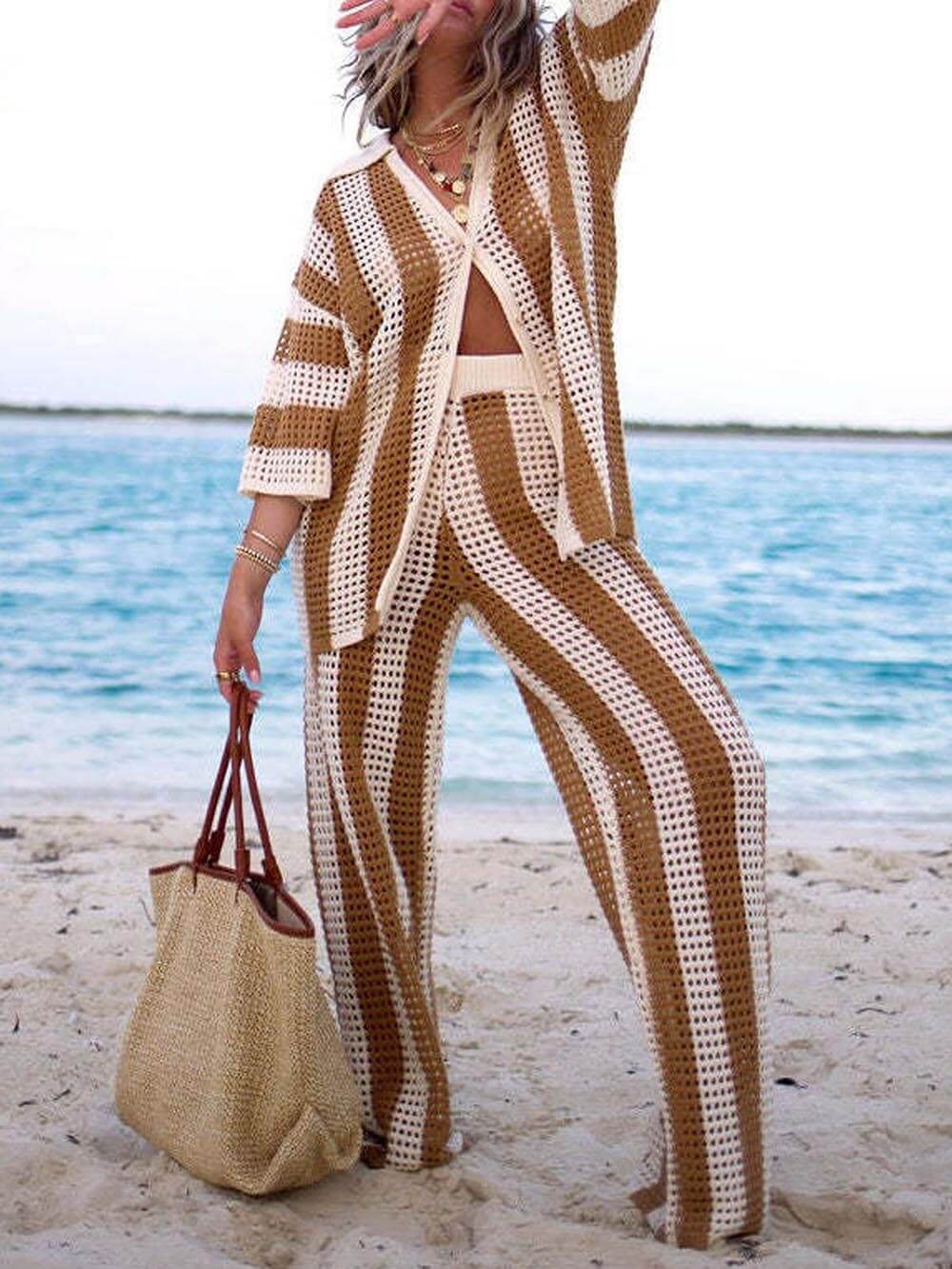 Verity Loose V-Neck Fashion Hollow Out Striped Shirt Wide Leg