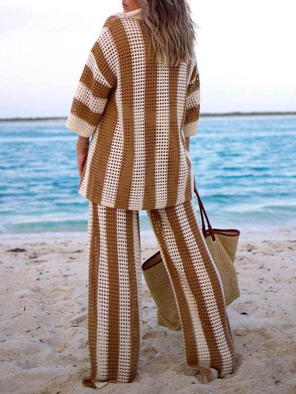 Verity Loose V-Neck Fashion Hollow Out Striped Shirt Wide Leg