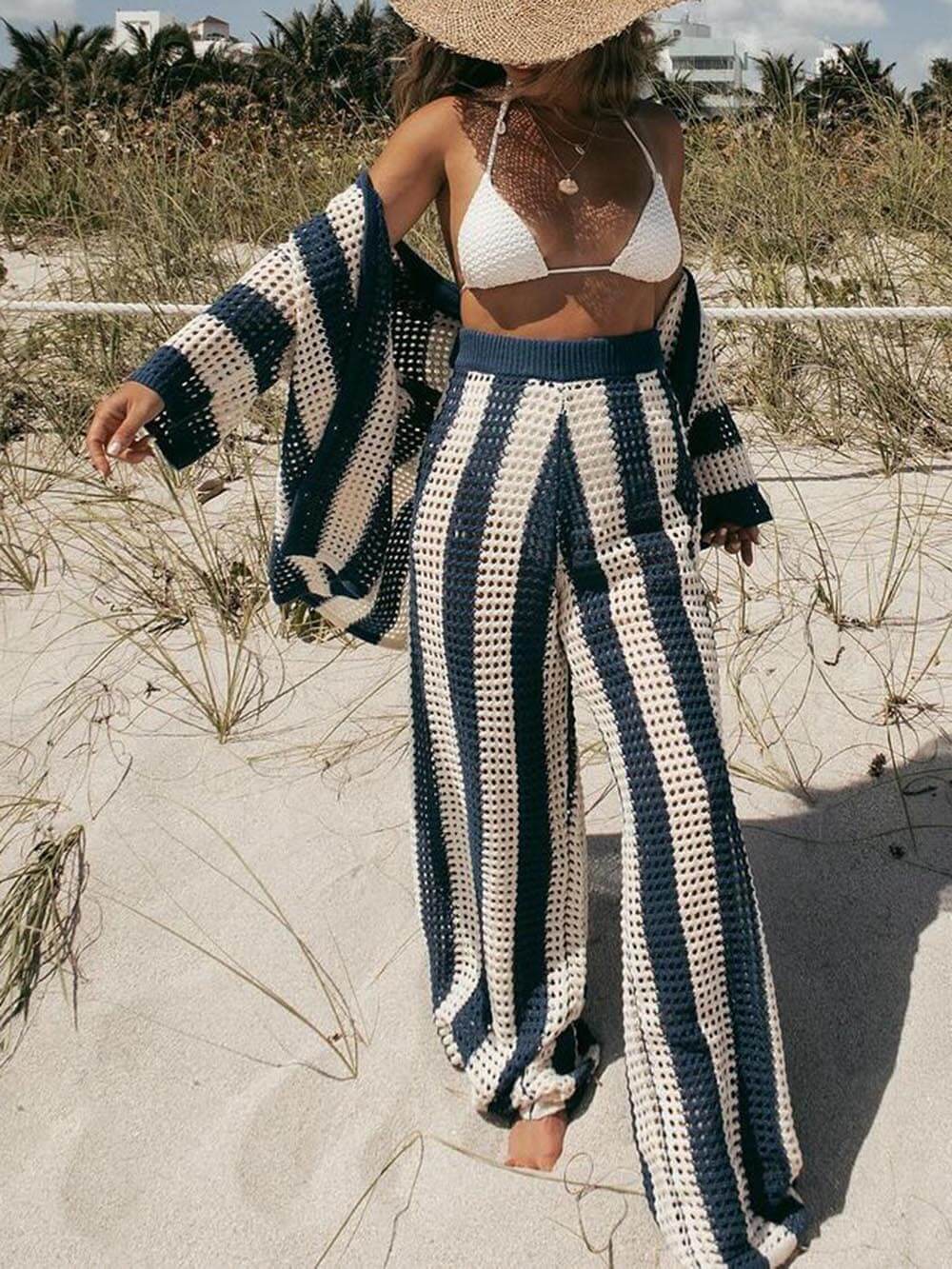 Verity Loose V-Neck Fashion Hollow Out Striped Shirt Wide Leg