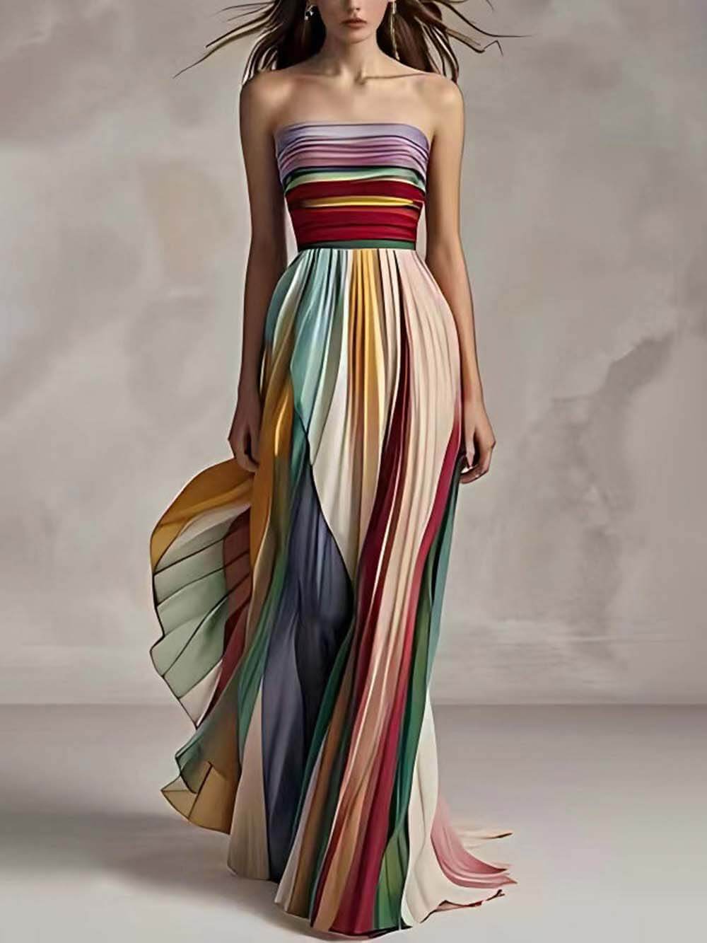 Mireille Striped Printed Off-shoulder Pleated Bandeau Maxi Dress