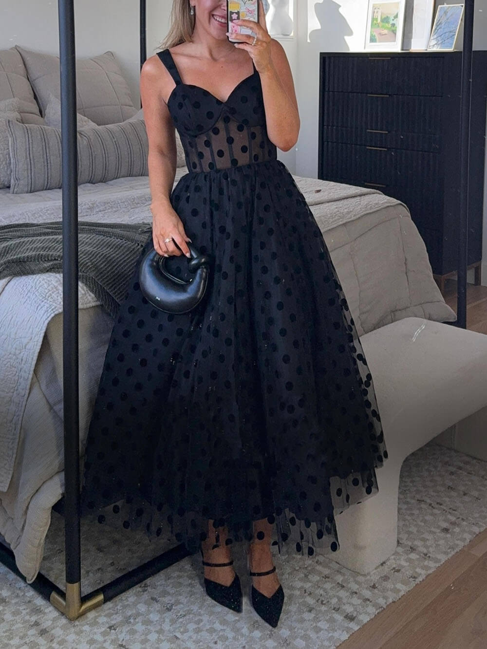 Lucienne Tulle Polka Dot Sweetheart Bustier A-Line Midi Dress