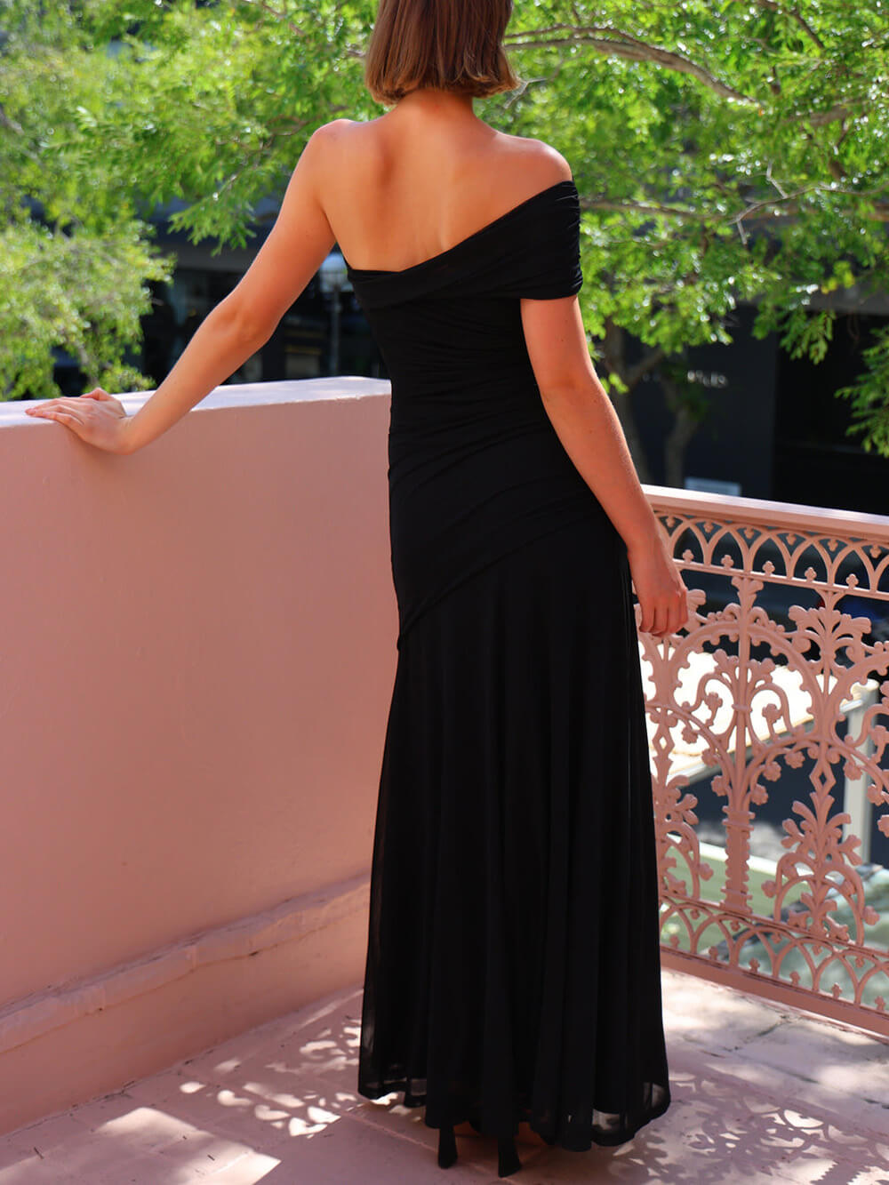 Adeline Mesh Off Shoulder Ruched Stretch Maxi Dress