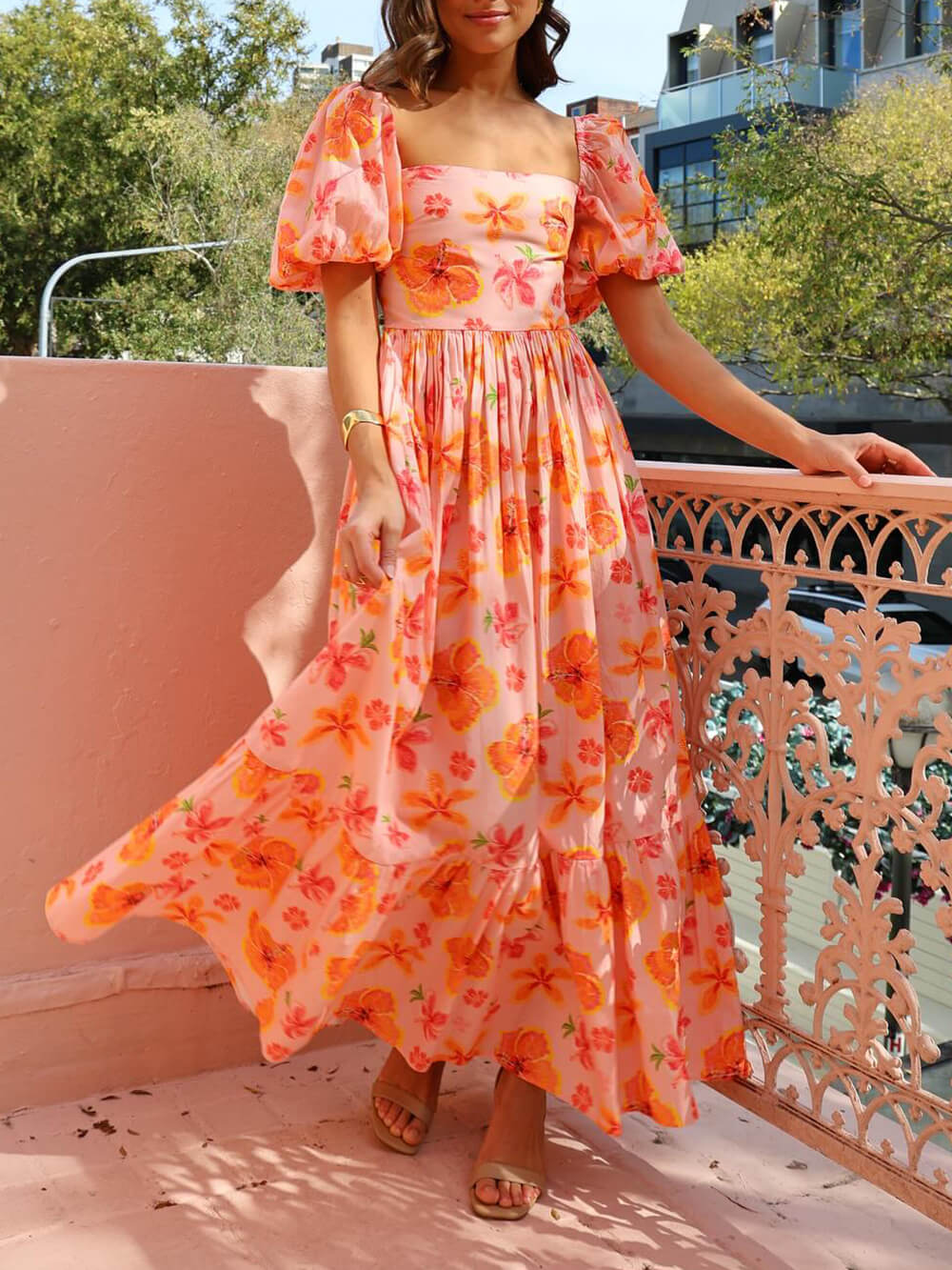 Liliana Puff Sleeve Floral Print Back Smocked Pocket Maxi Dress
