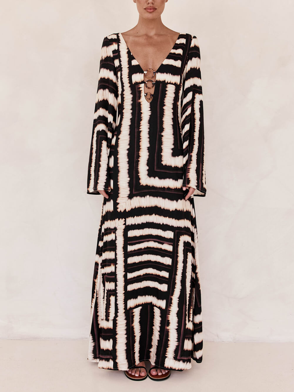 Tabitha V-Neckline Unique Printed V Tie Ring Maxi Dress