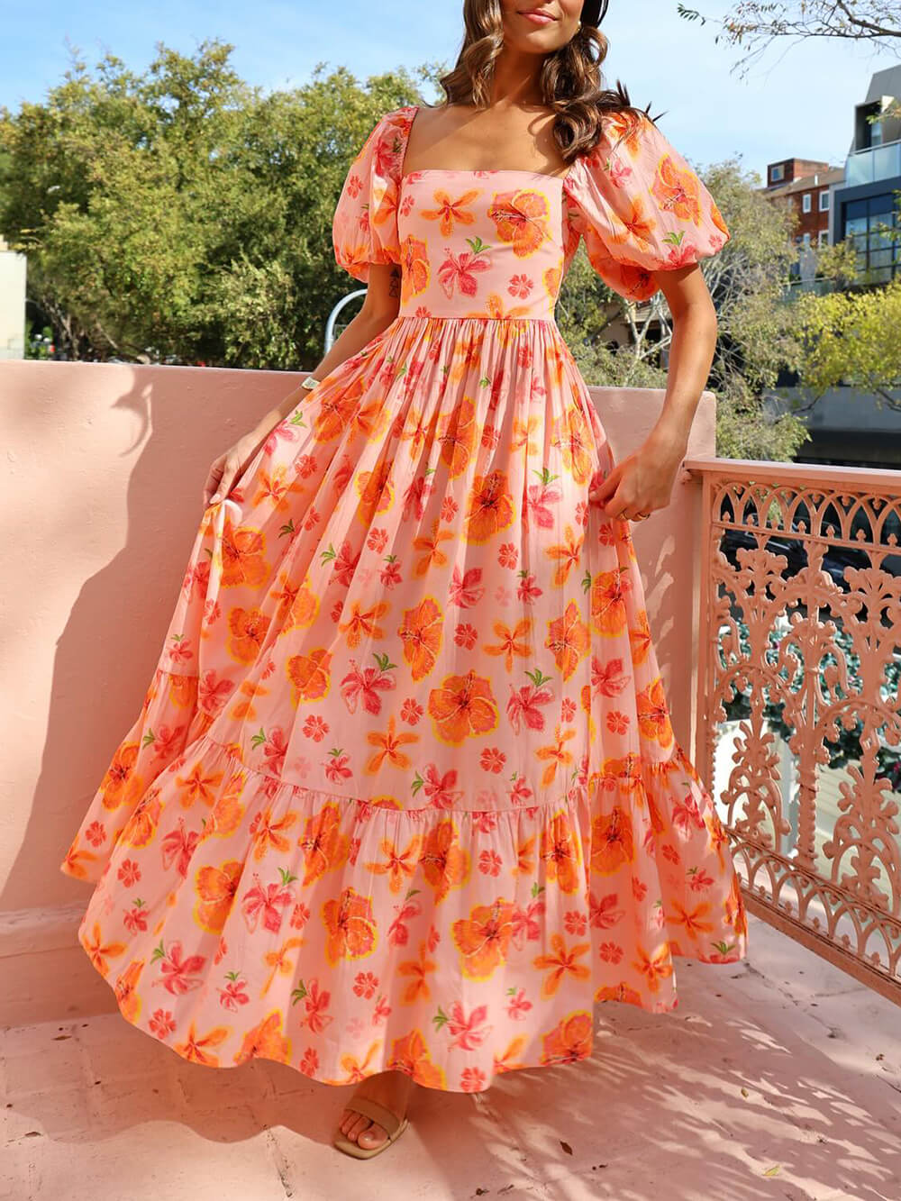 Liliana Puff Sleeve Floral Print Back Smocked Pocket Maxi Dress