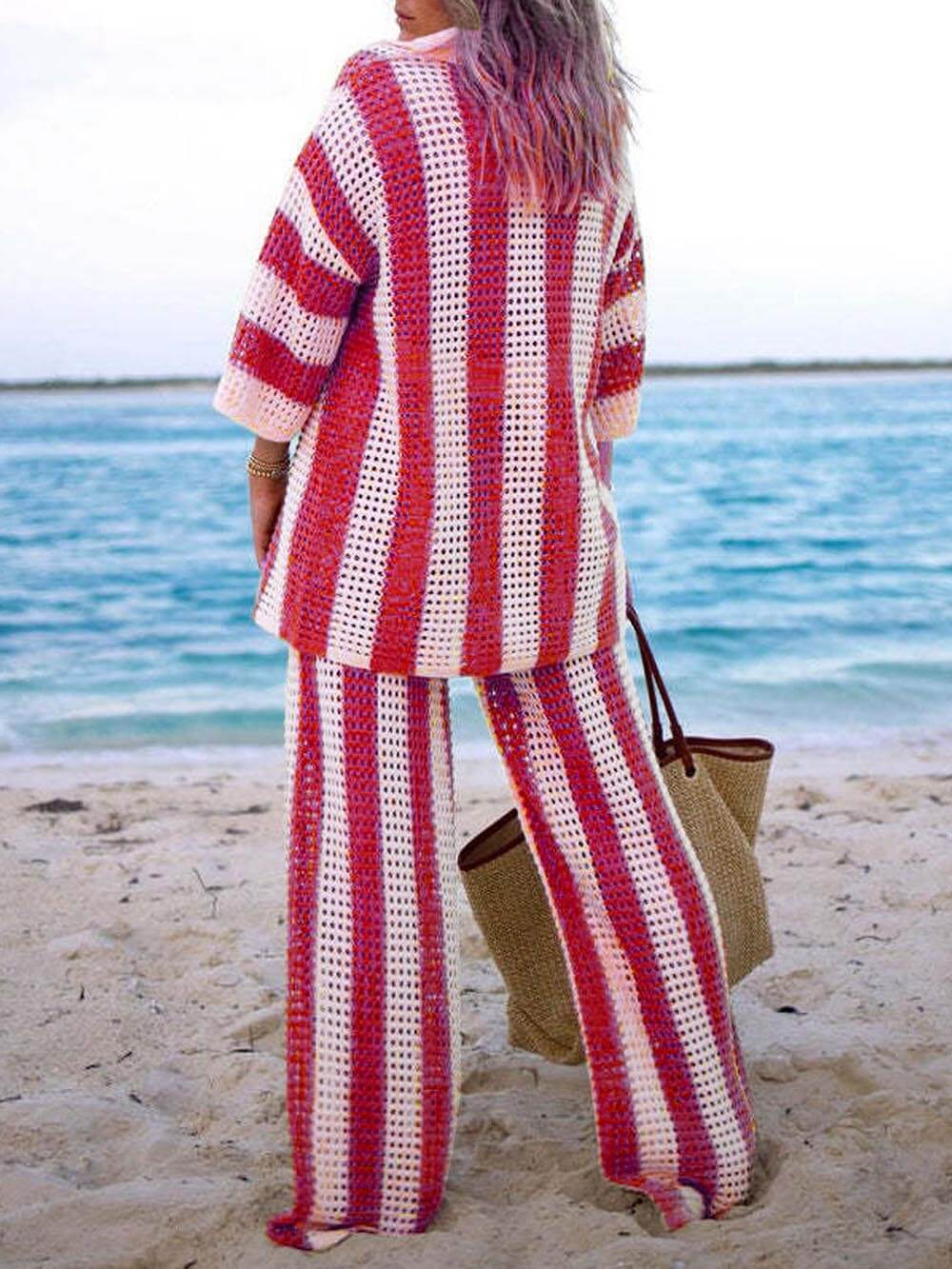 Verity Loose V-Neck Fashion Hollow Out Striped Shirt Wide Leg