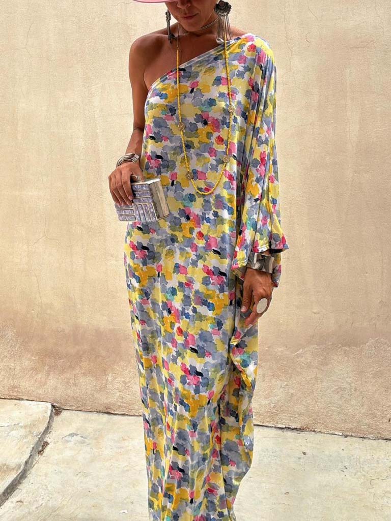 Fiorella Casual Holiday Ink-dye Print Off-shoulder Maxi Dress