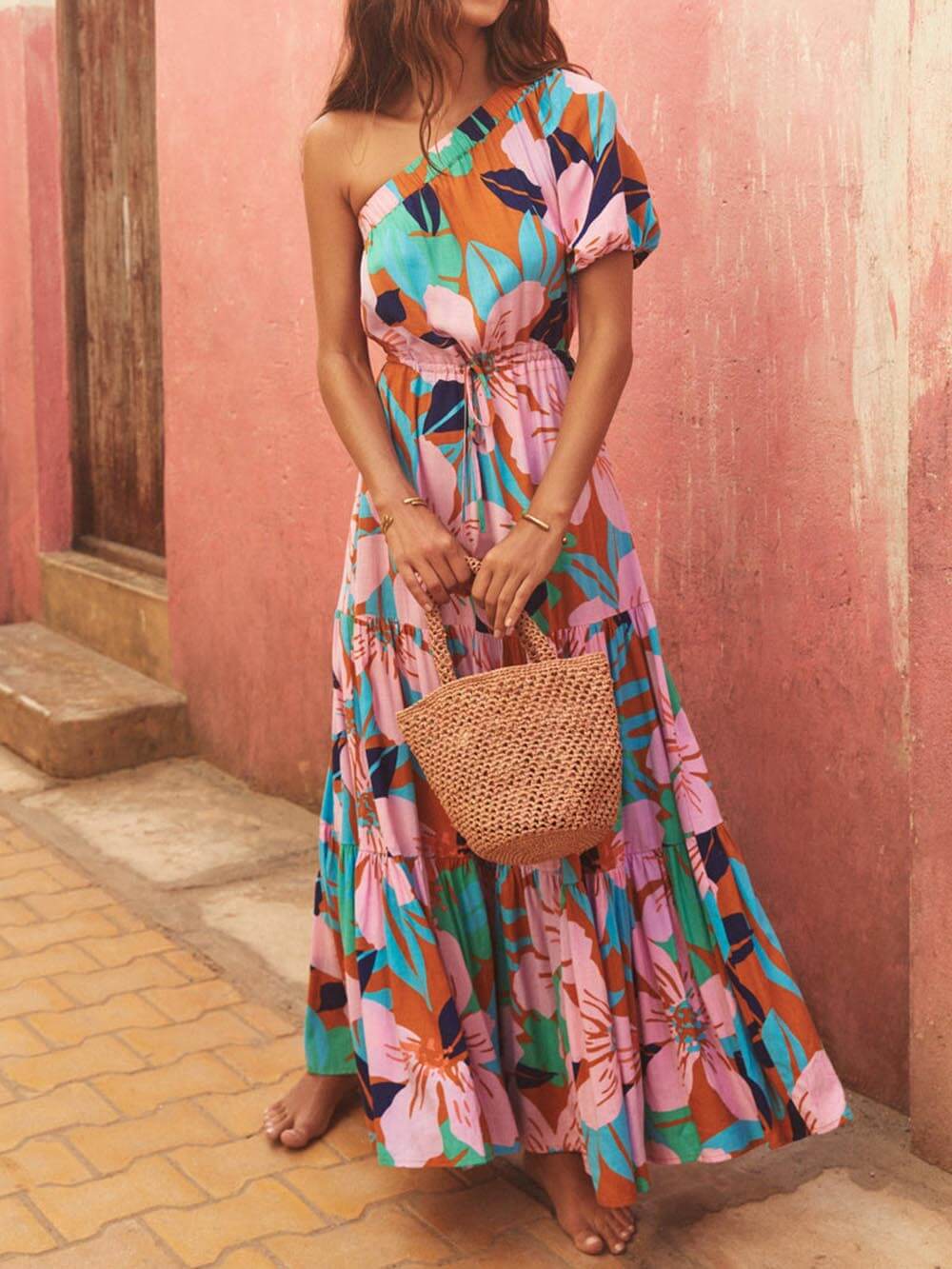 Rosabel Shoulder Palm Leaf Print Holiday Style Floral Dress