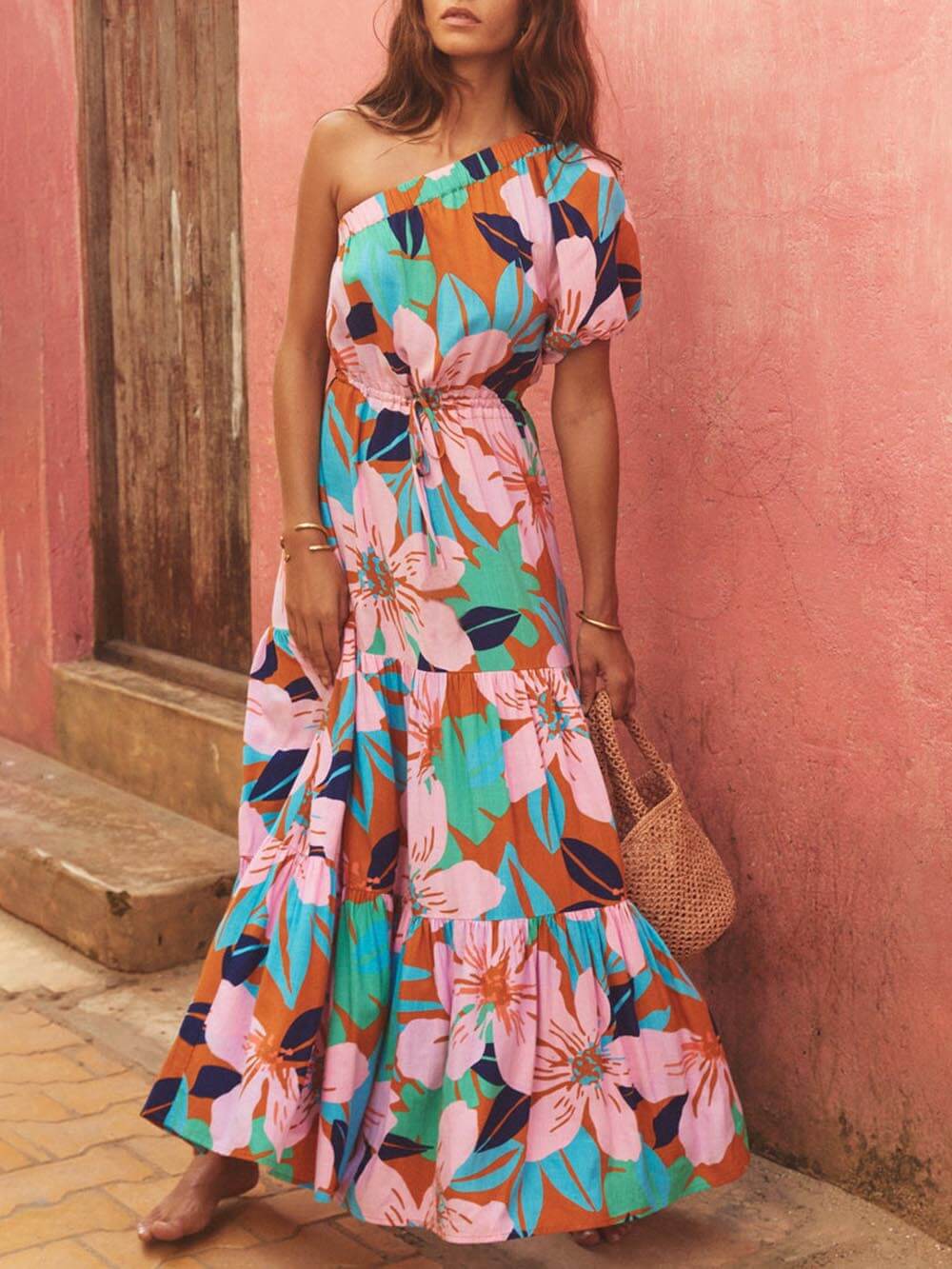 Rosabel Shoulder Palm Leaf Print Holiday Style Floral Dress