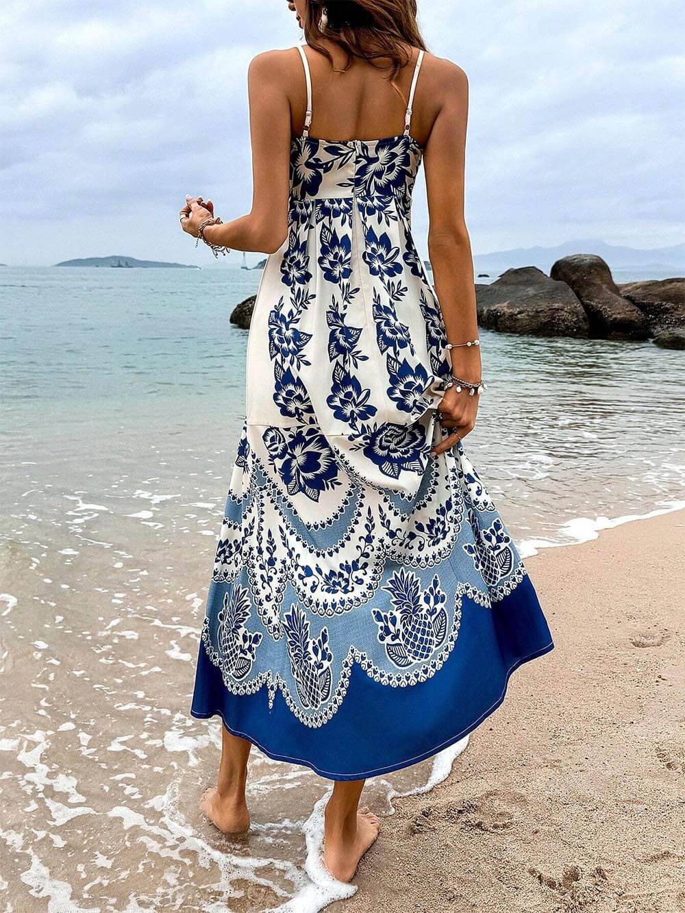 Solene Ethnic Floral Print Back Smocked Loose Midi Dress