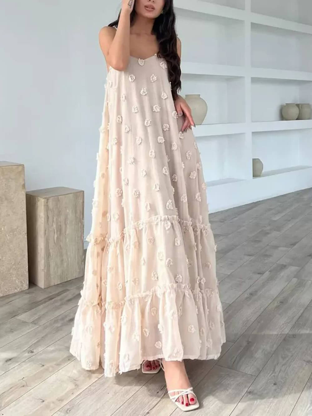 Pearl Flower Decor Pretty A-Line Layered Loose Maxi Dress