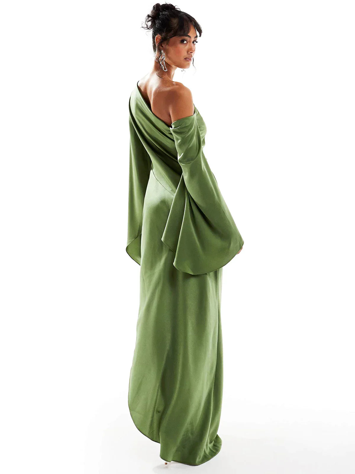 Carlotta Green Asymmetrical Hem Satin Maxi Dress