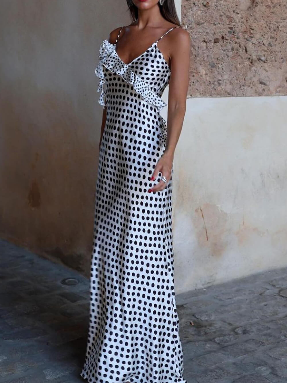 Bridget Polka Dot Print Fantasy Guipure Ruffled Suspender Maxi Dress