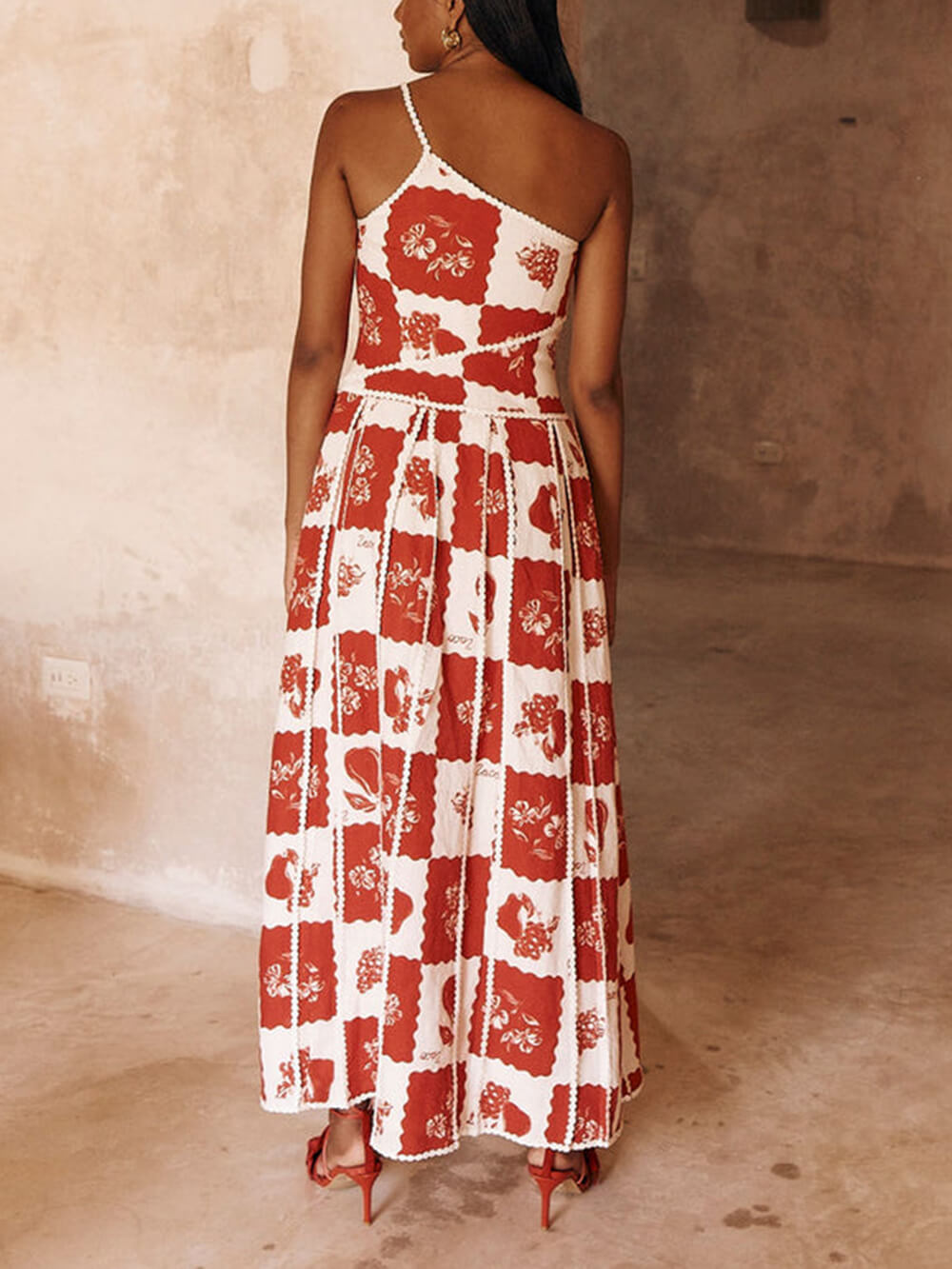 Sigrid Printed Floral Trim One Shoulder Flared Maxi Dress