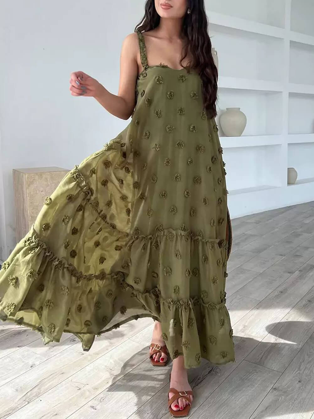 Pearl Flower Decor Pretty A-Line Layered Loose Maxi Dress