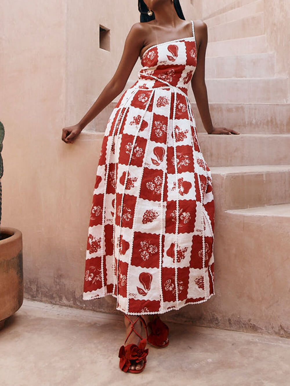 Sigrid Printed Floral Trim One Shoulder Flared Maxi Dress