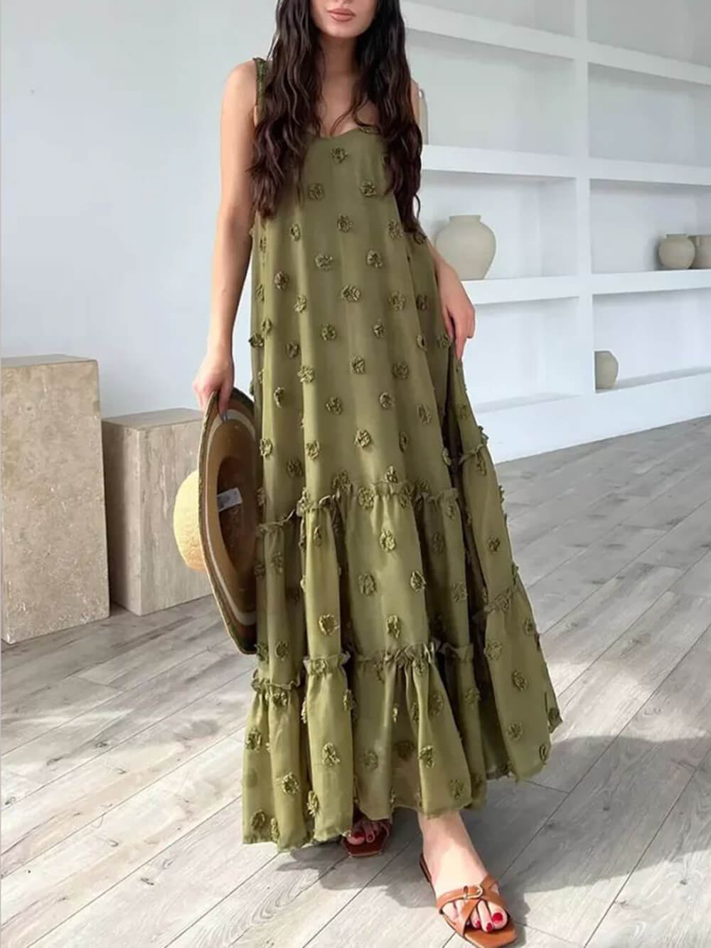 Pearl Flower Decor Pretty A-Line Layered Loose Maxi Dress