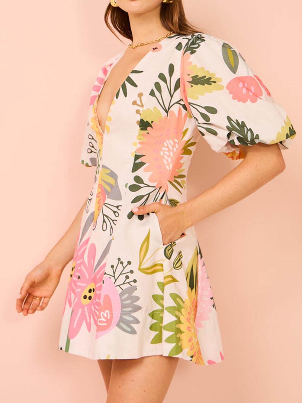 Renata Puff Sleeve Floral Print Pocketed Mini Dress