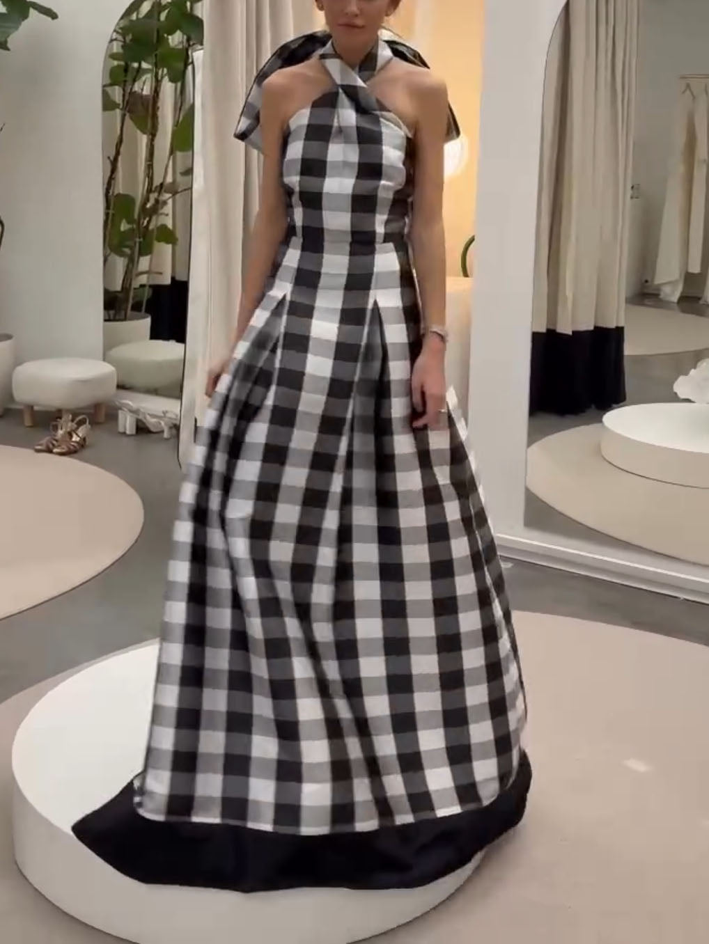 Dorothea Classic Plaid Print Halter Neck Maxi Dress