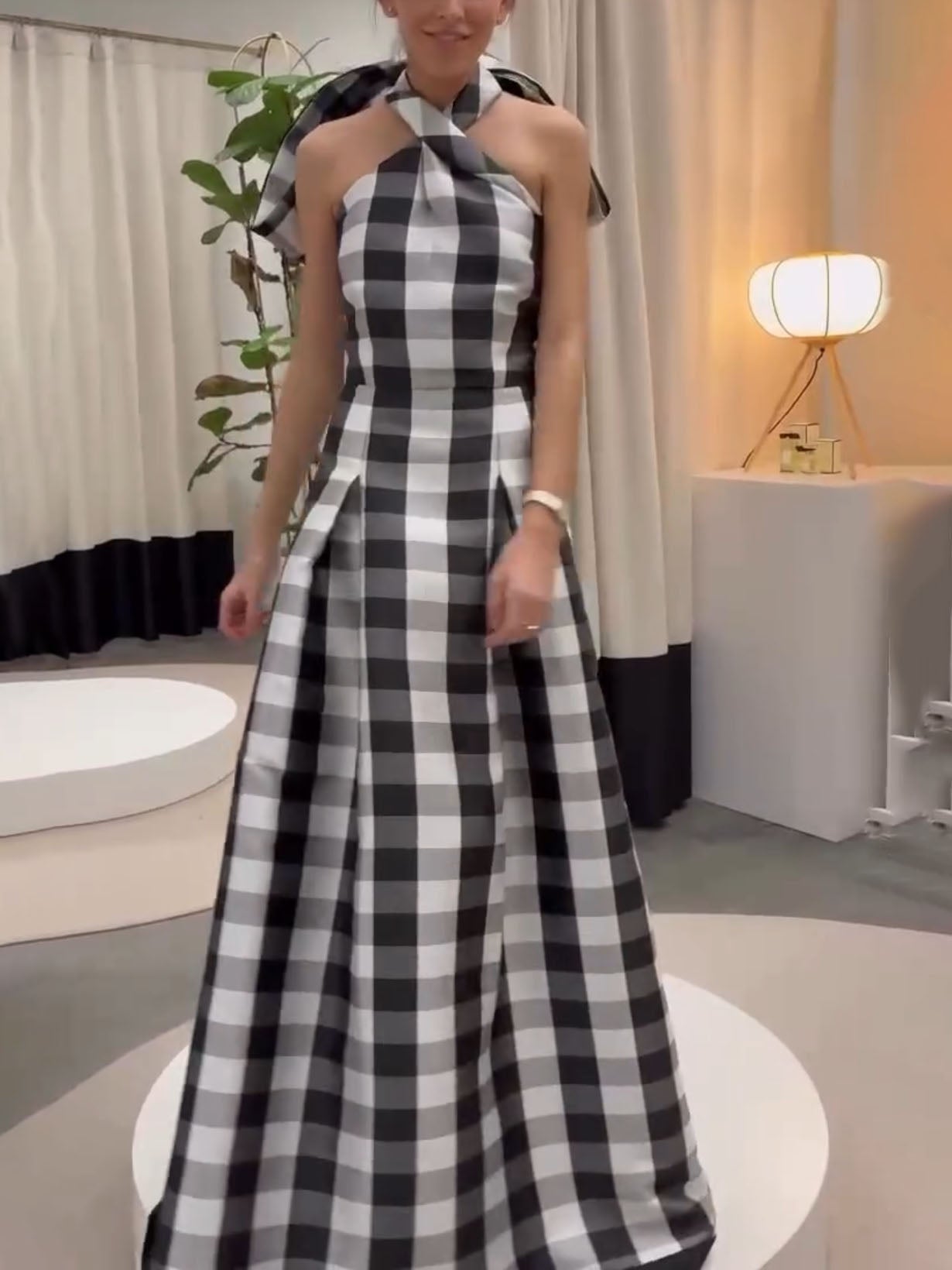 Dorothea Classic Plaid Print Halter Neck Maxi Dress
