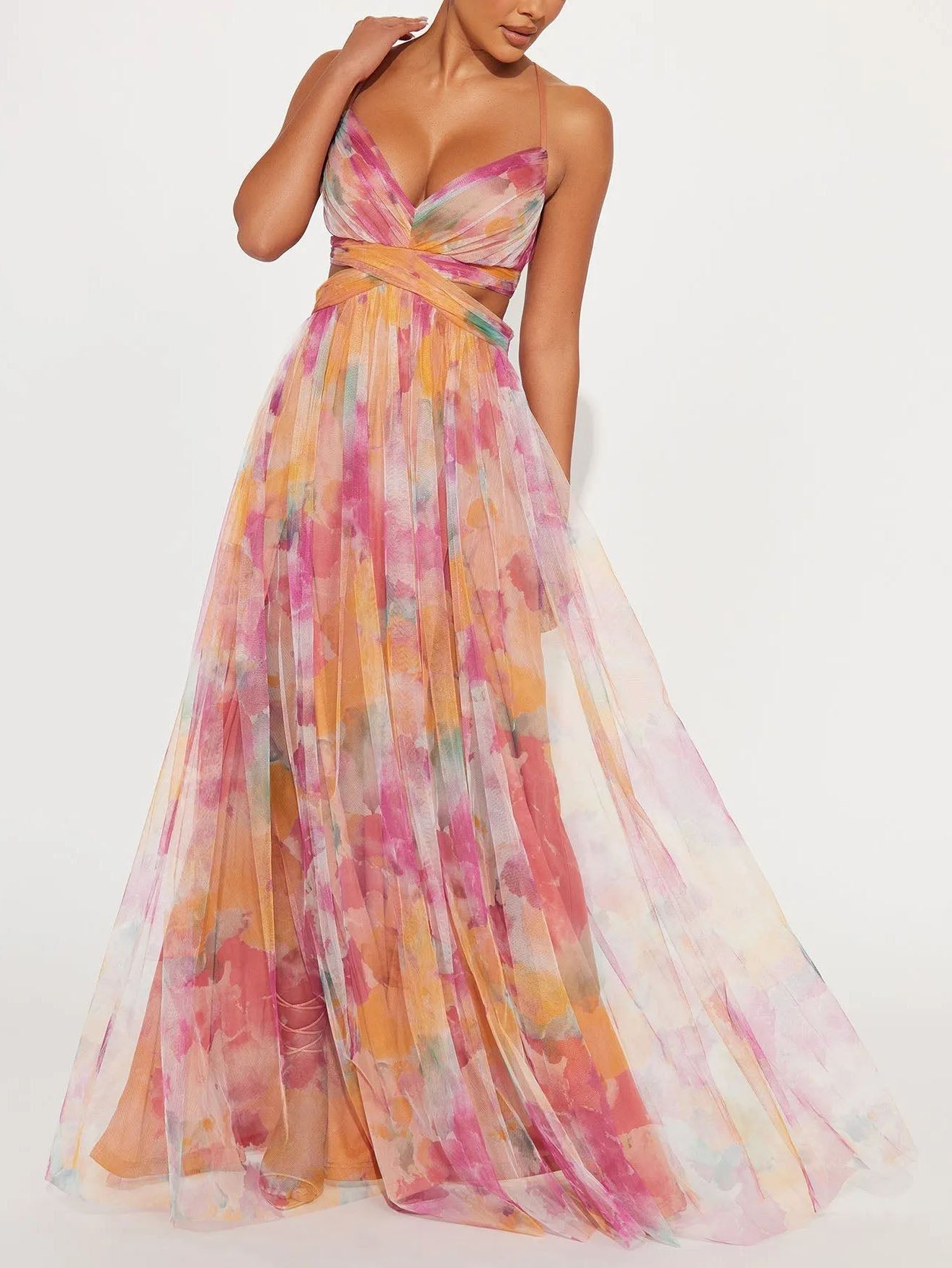 Octavia Painted Floral Print V-Neck A-Line Maxi Dress