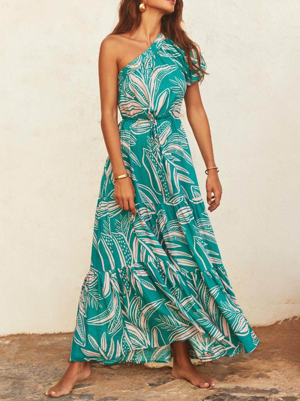 Rosabel Shoulder Palm Leaf Print Holiday Style Floral Dress