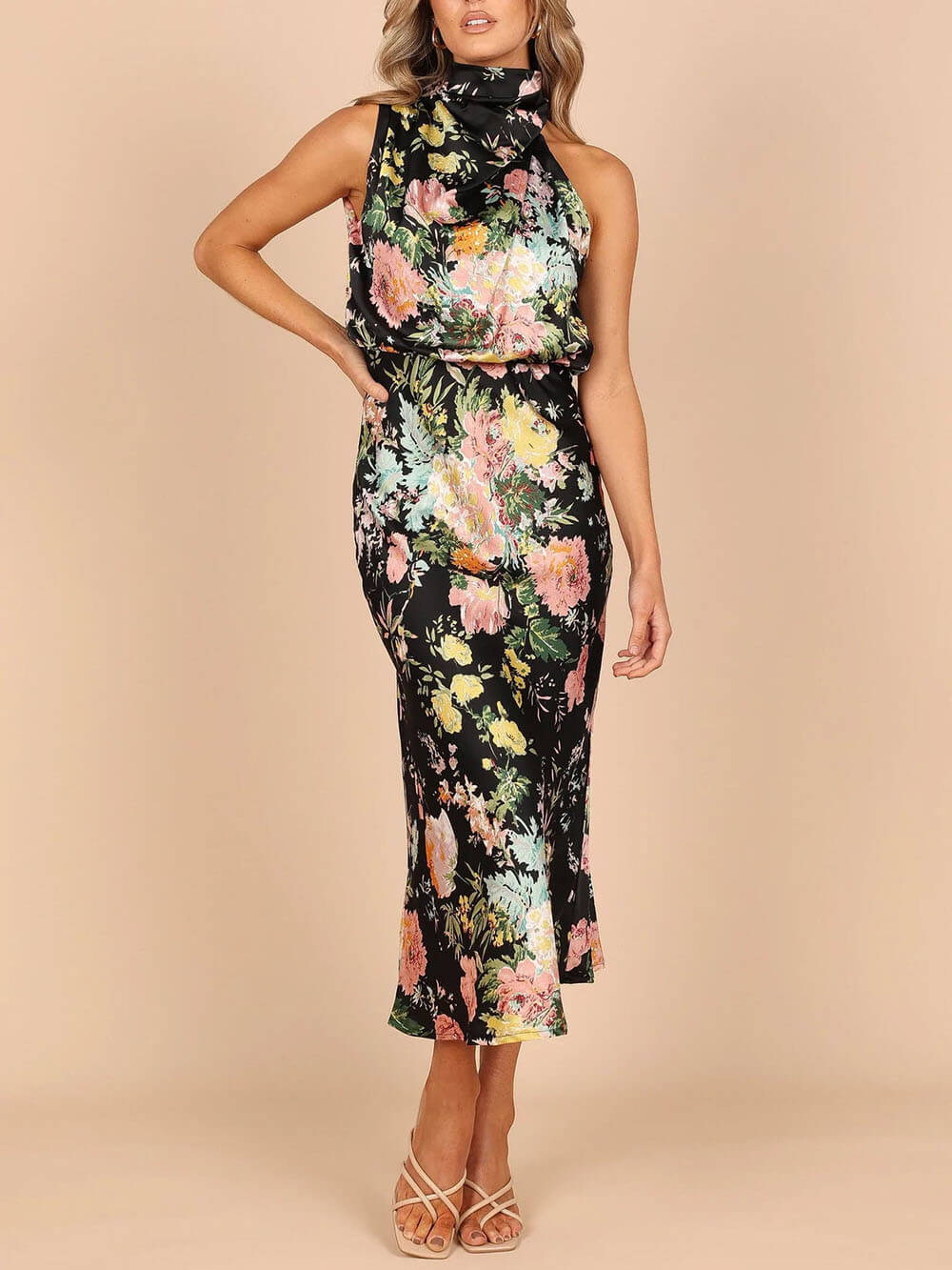 Odette Halter Neck Floral Elastic Waist Maxi Dress