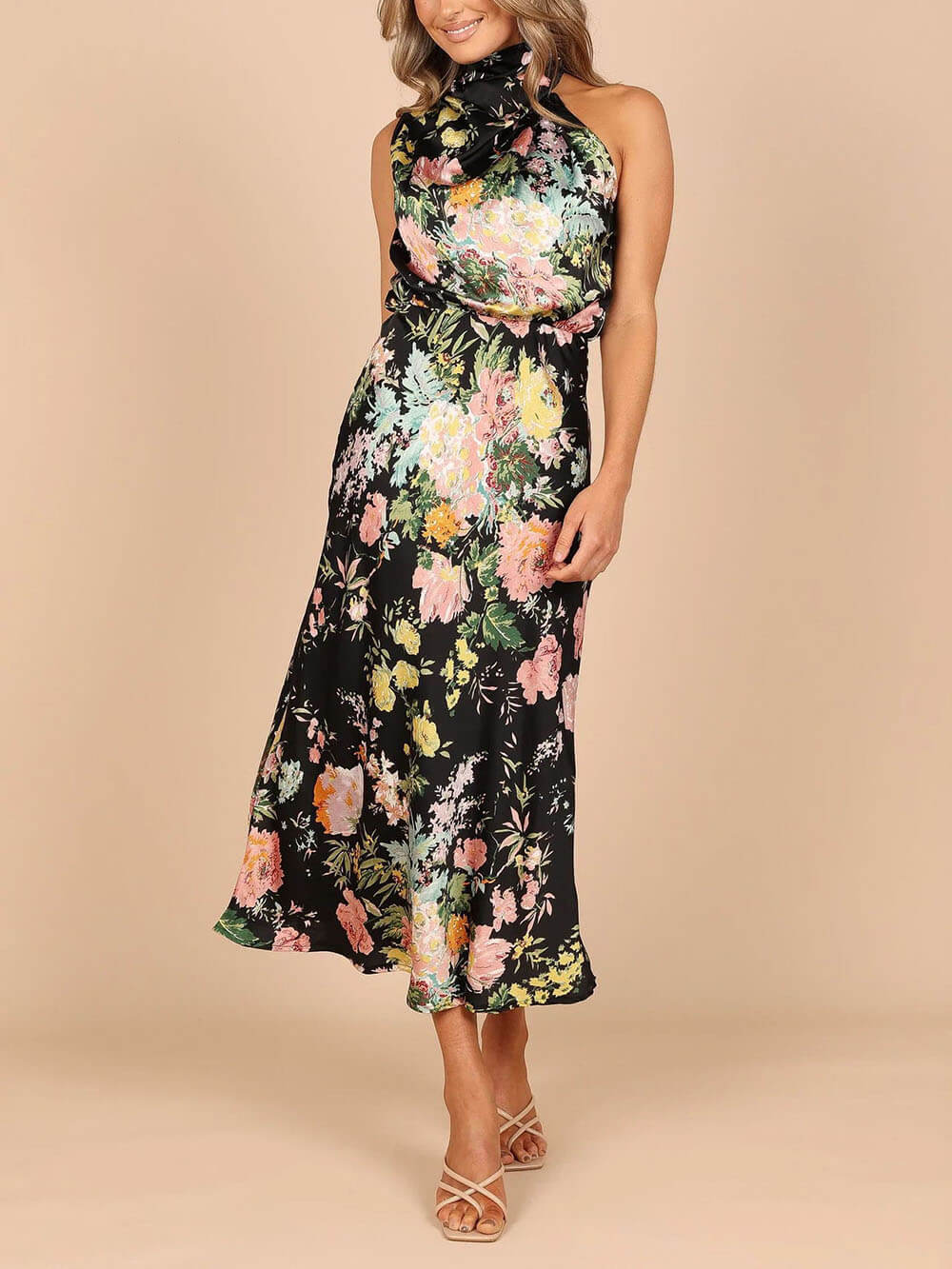 Odette Halter Neck Floral Elastic Waist Maxi Dress