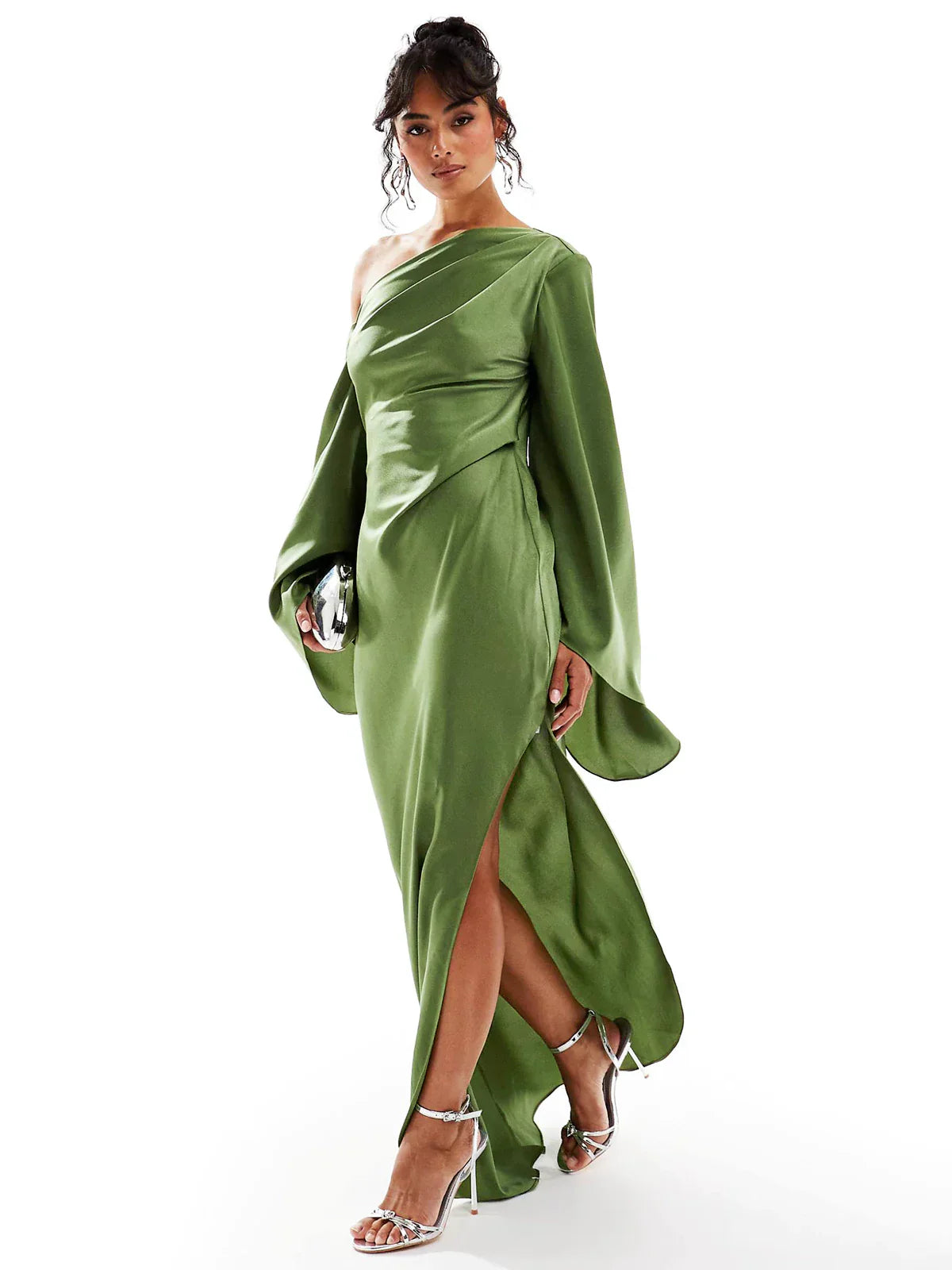 Carlotta Green Asymmetrical Hem Satin Maxi Dress