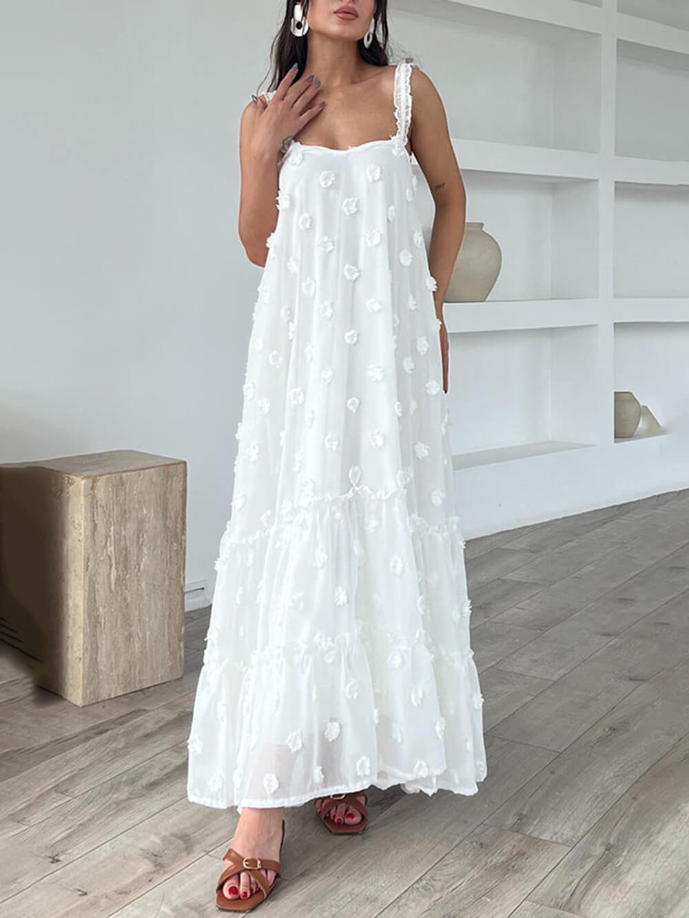 Pearl Flower Decor Pretty A-Line Layered Loose Maxi Dress