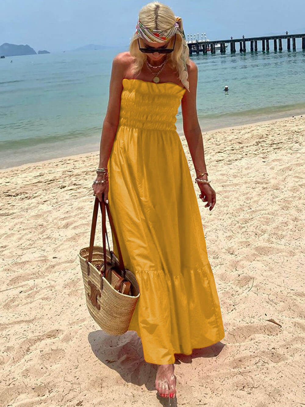 Helene Off Shoulder Smocked Bust Vacation Maxi Dress