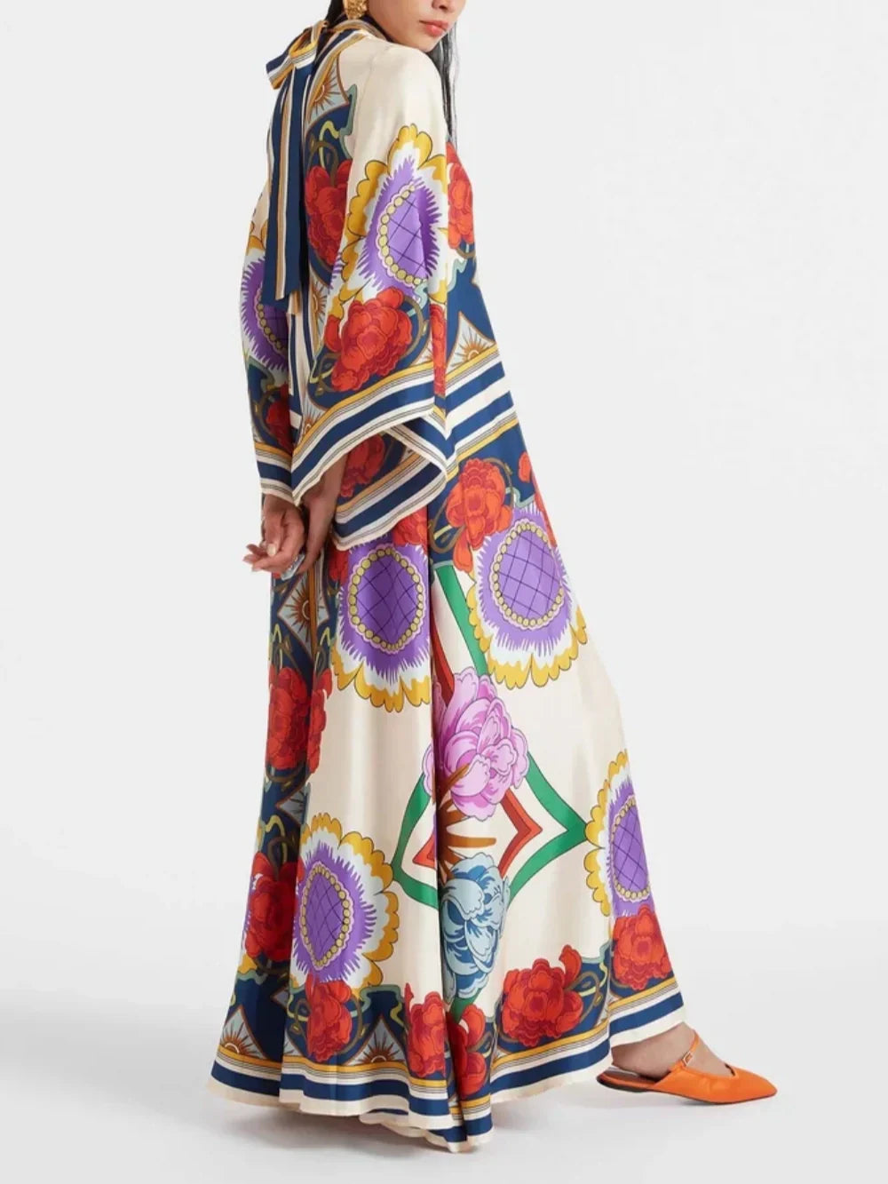 Esme Floral Print Draped Waterfall Sleeves Maxi Dress