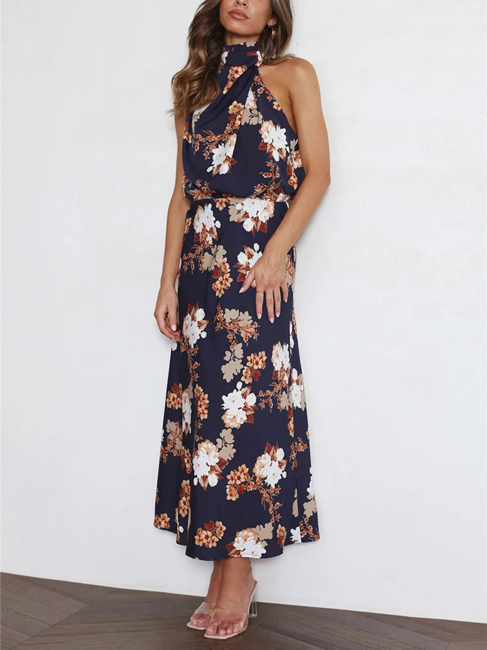 Odette Halter Neck Floral Elastic Waist Maxi Dress