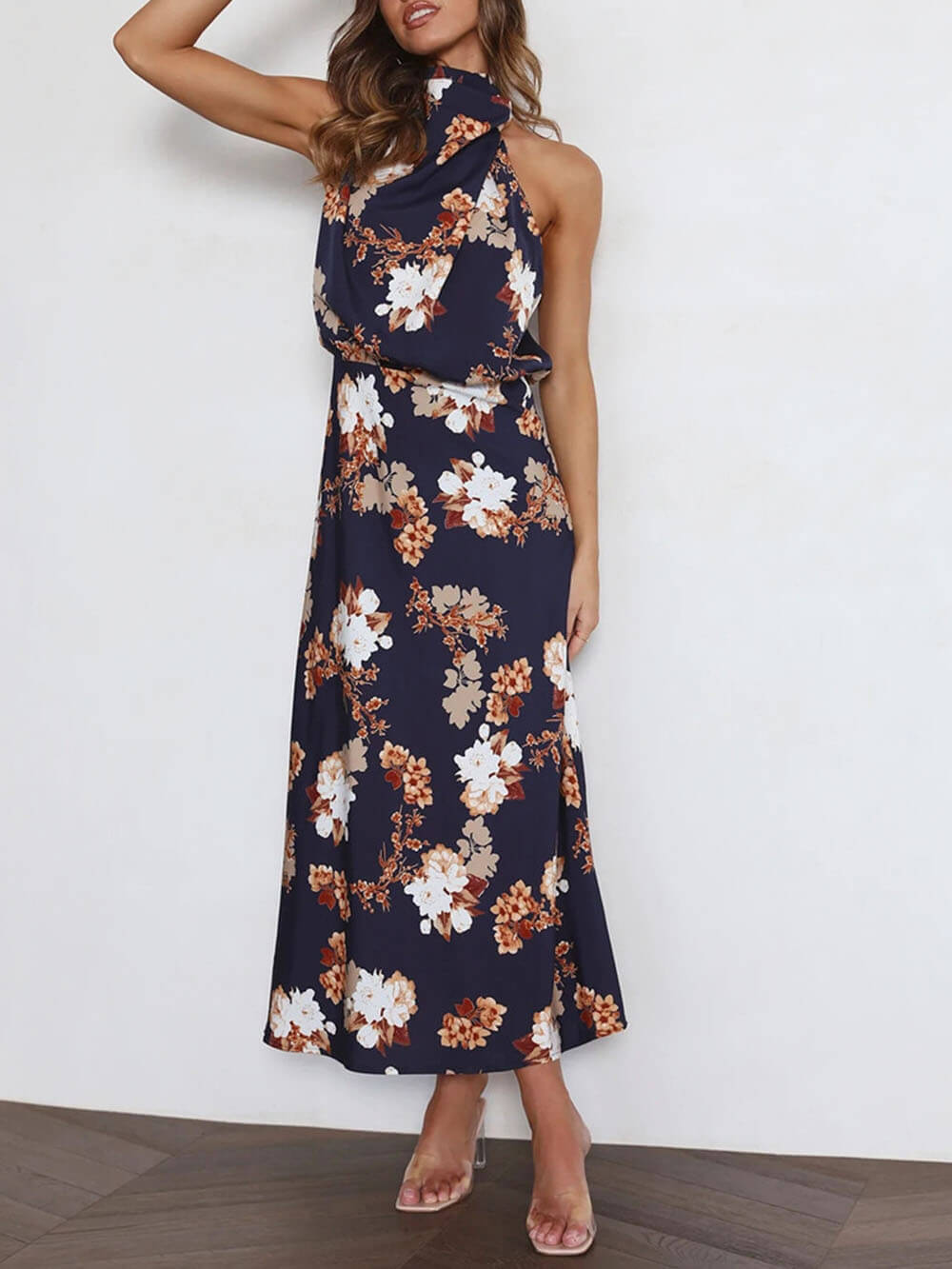 Odette Halter Neck Floral Elastic Waist Maxi Dress